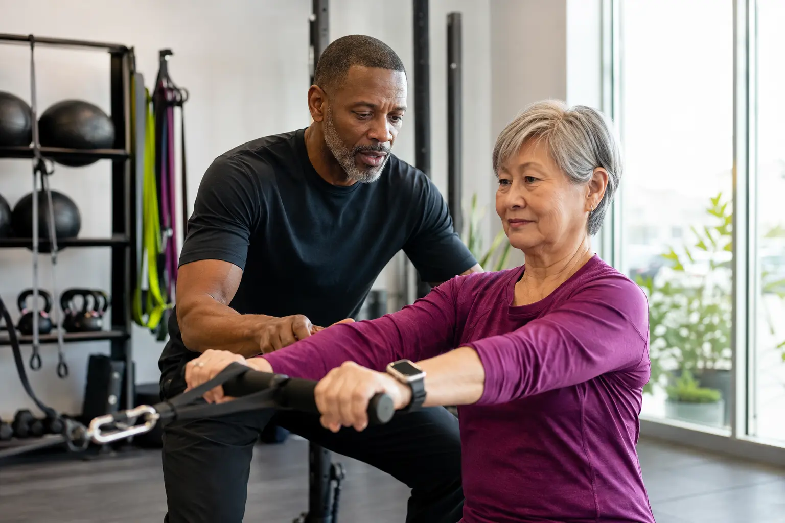 A coach helping an older client with individualized strength training