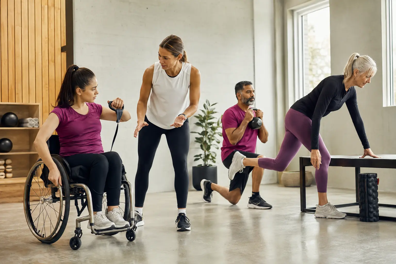 A coach guiding a diverse group through individualized exercises